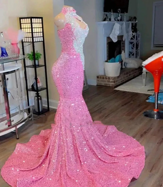 Pink Sequined Mermaid Prom Dresses  For Black Girl Silver Applique Crystal Beaded Long Evening Dress Special Occasion Gowns 0219