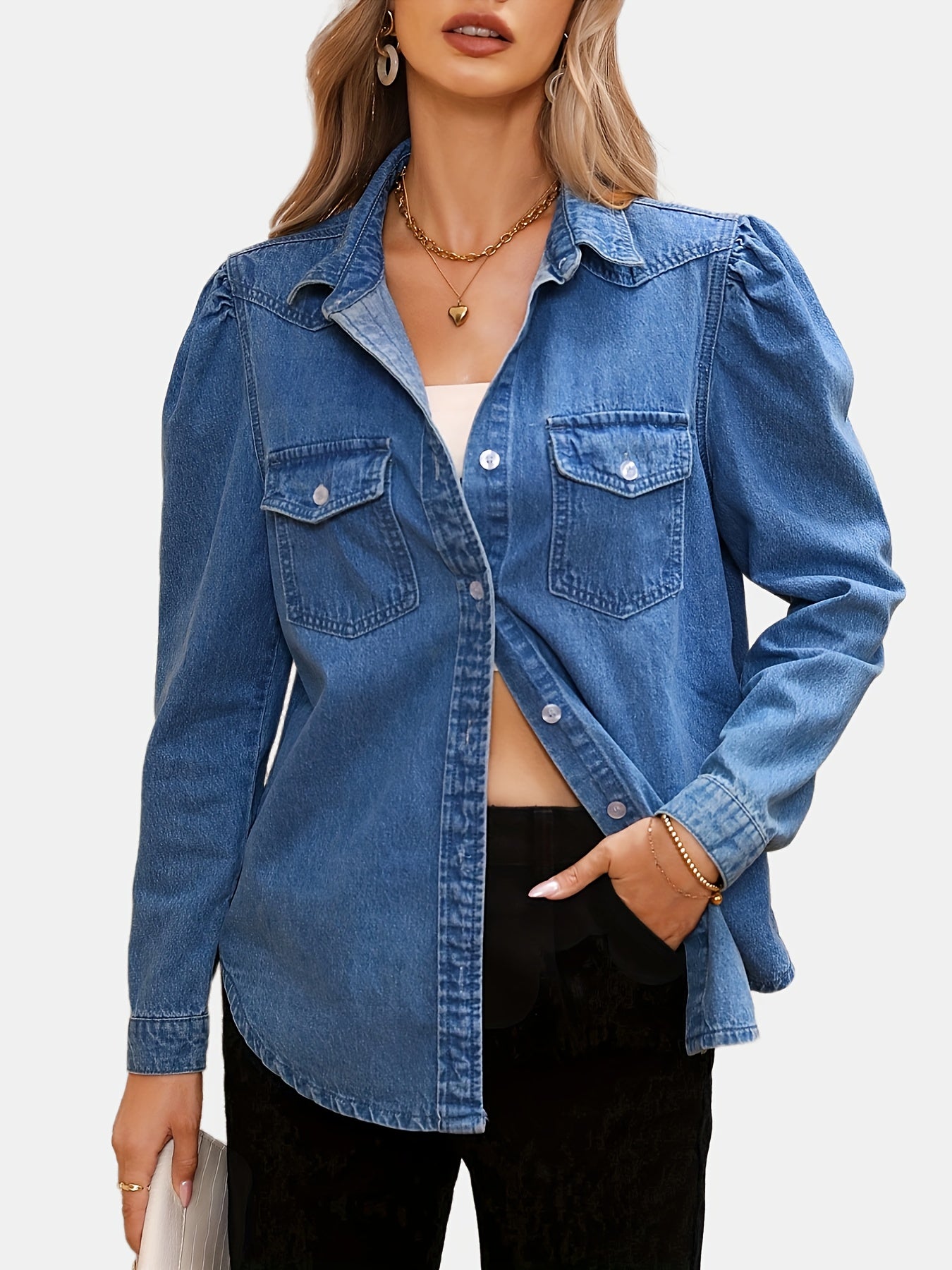 Blue Long Sleeves Denim Top, Flap Pockets Single-Breasted Button Lapel Versatile Denim Top, Women's Denim Clothing