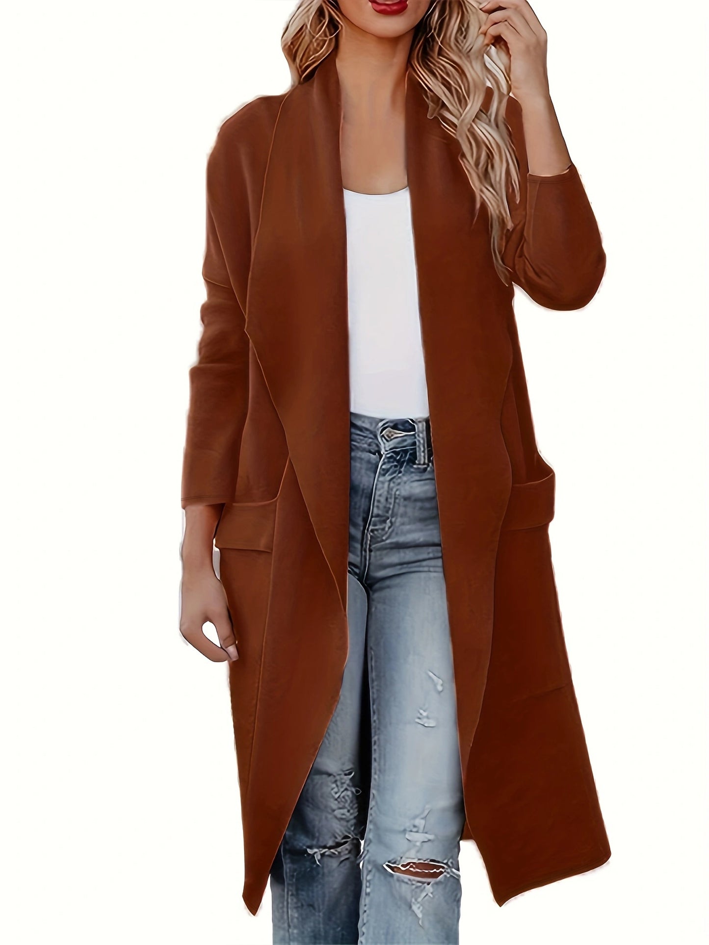 Solid Open Front Lapel Overcoat, Versatile Long Sleeve Patched Pockets Coat, Women's Clothing