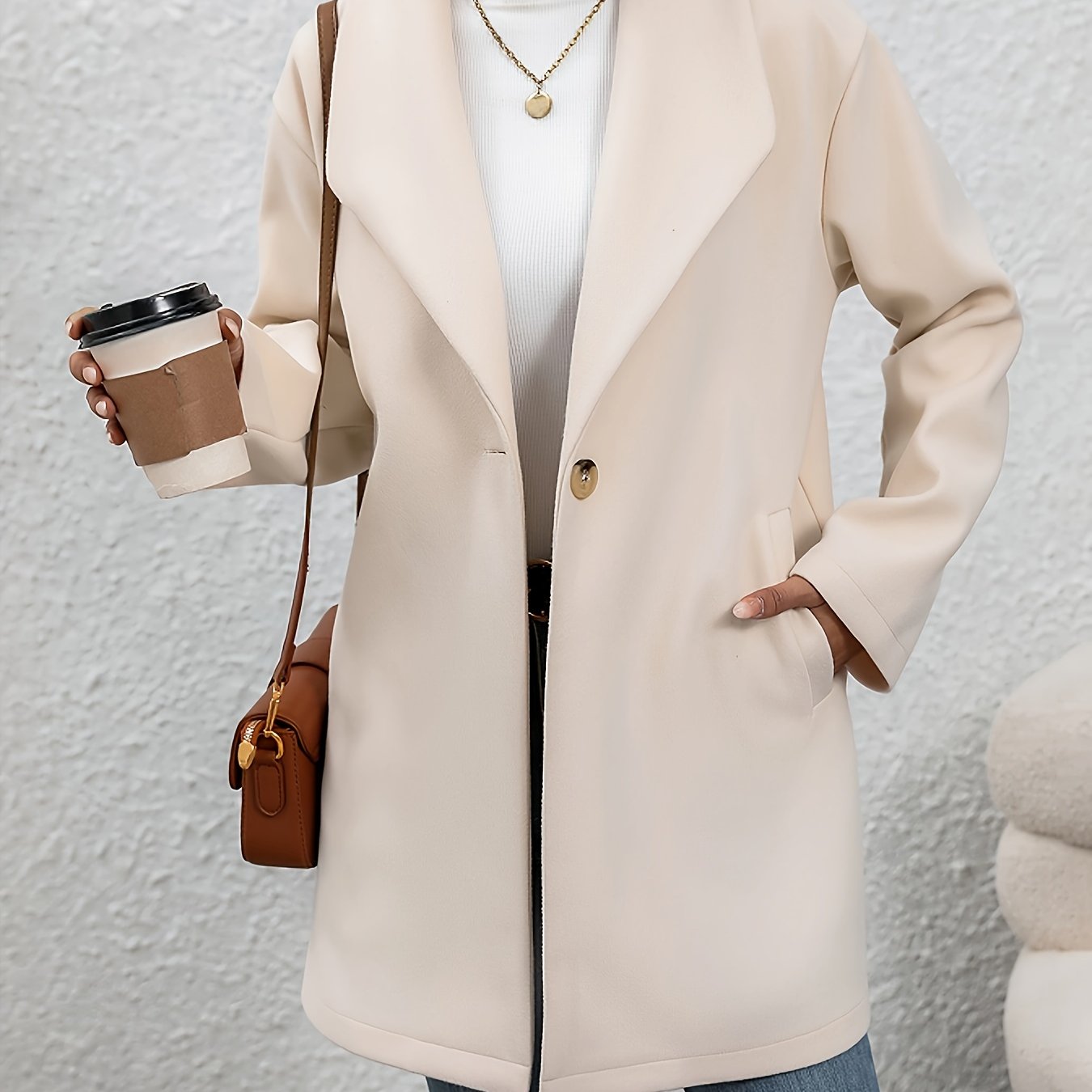 Solid One Button Overcoat, Casual Long Sleeve Outerwear With Pockets, Women's Clothing