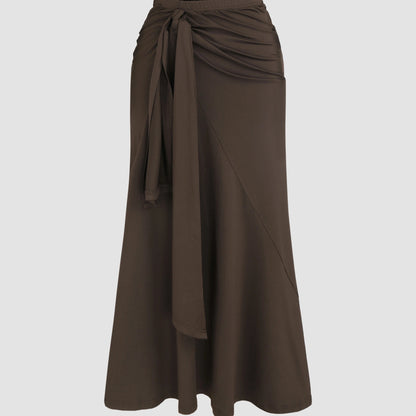 xieyinshe Solid Elastic Waist Ruched Skirt, Elegant Lace Up Ruffle Hem Maxi Skirt, Women's Clothing