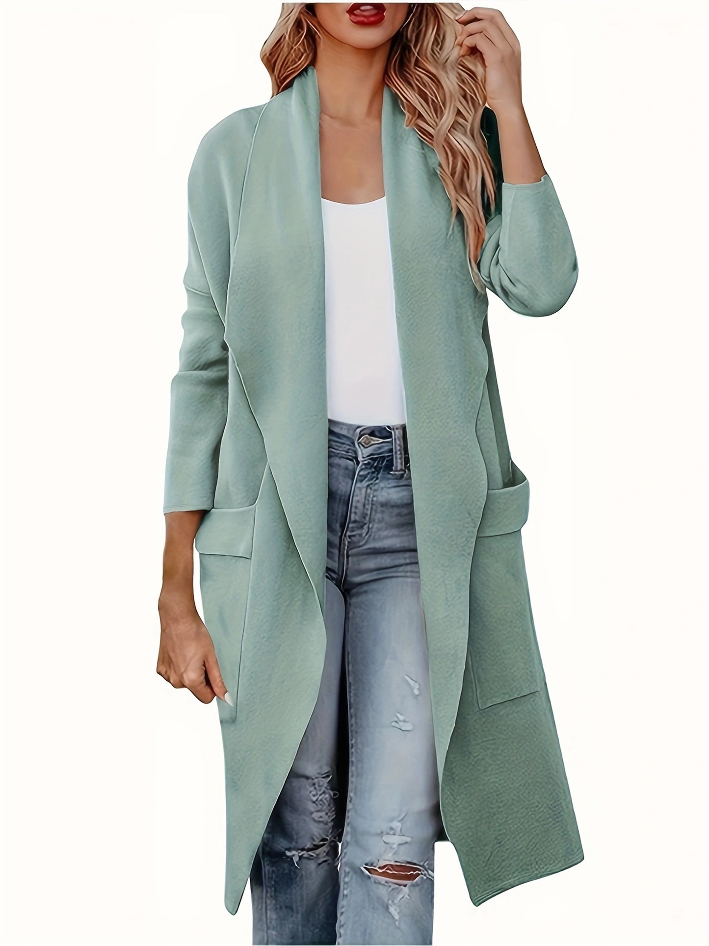 Solid Open Front Lapel Overcoat, Versatile Long Sleeve Patched Pockets Coat, Women's Clothing