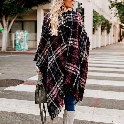 Classic Tartan Fringe Shawl Vintage Striped Plaid Open Front Poncho Capel Autumn Winter Travel Coldproof Knitted Cardigan Shawl