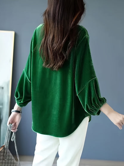 Lantern Sleeve Solid Blouse, Casual Crew Neck Versatile Blouse, Women's Clothing