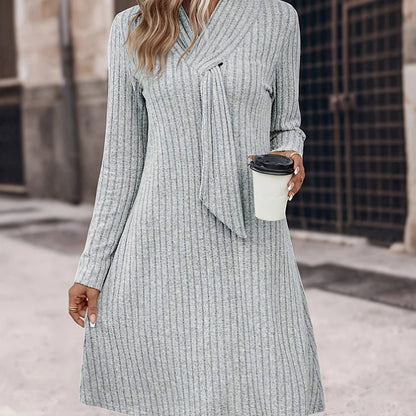 xieyinshe Solid Tie Decor Aline Dress, Elegant Long Sleeve Slim Dress For Spring & Fall, Women's Clothing