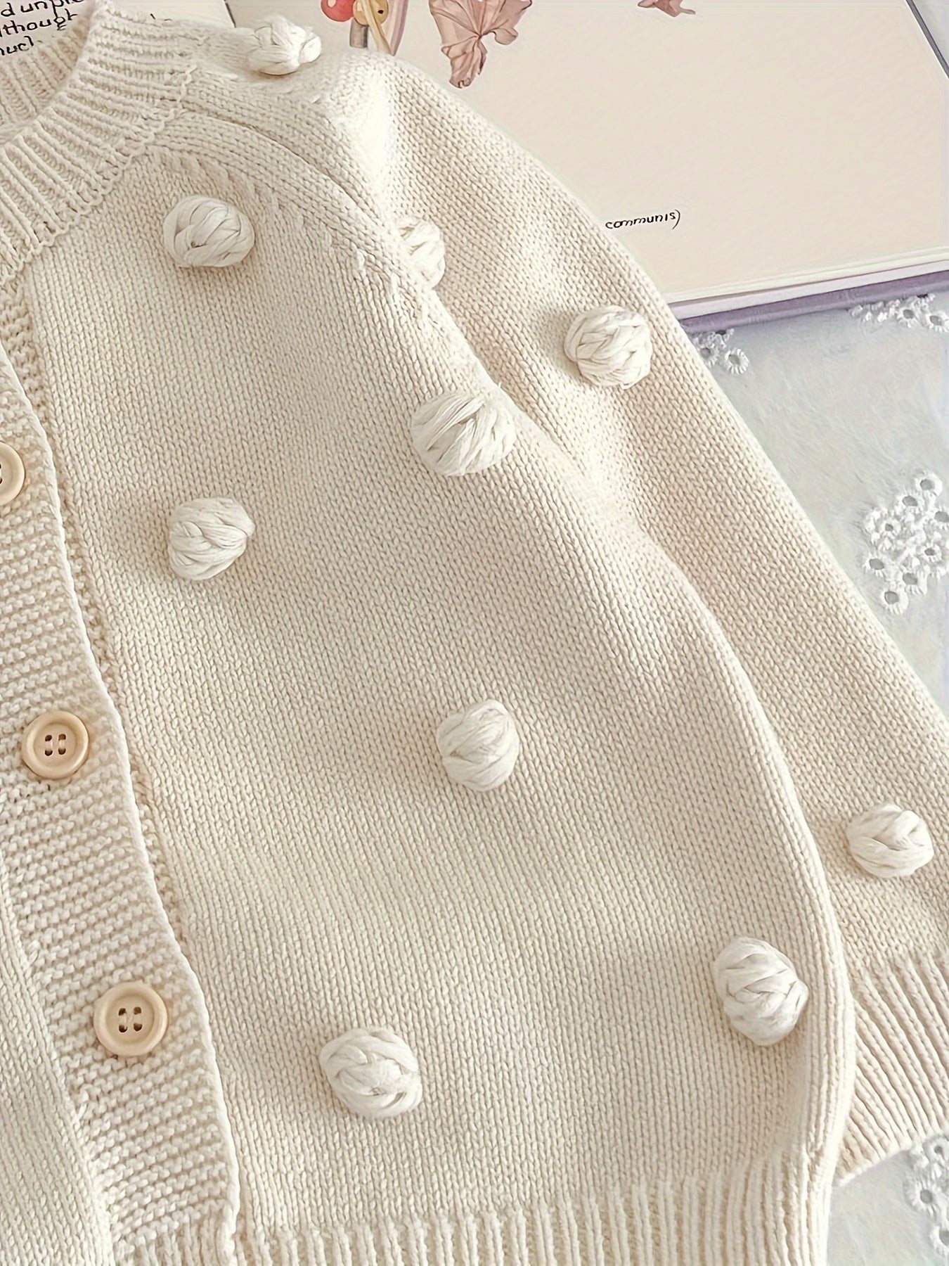 Girls Charming Cotton Cardigan Sweater with Round Ball Detail - Soft 10% Cotton Blend, Casual & Warm for Spring and Autumn - Perfect for Little Fashionistas, Small Size