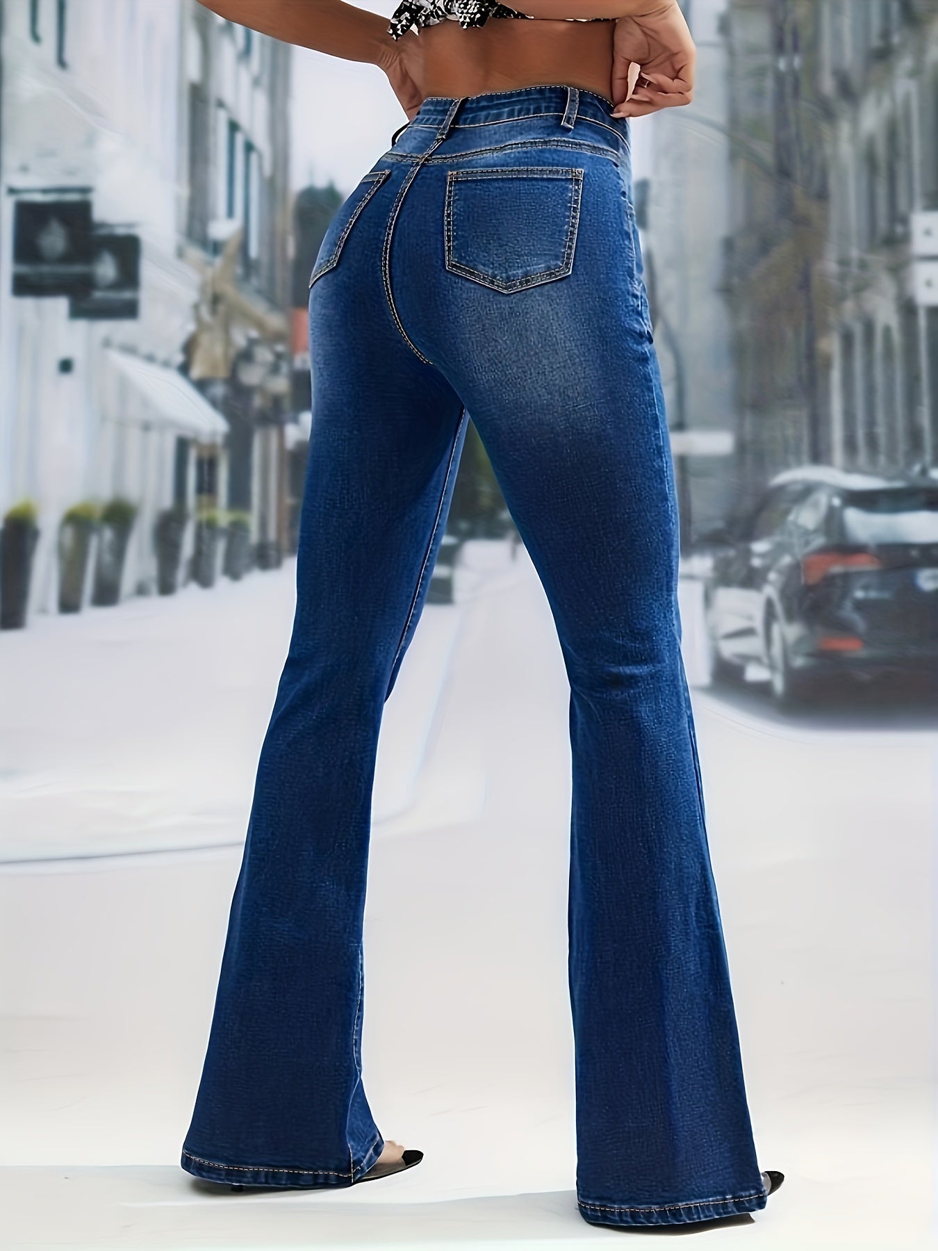 xieyinshe Single-breasted High Rise Flare Leg Jeans, Washed Slash Pocket Elegant Bell Bottom Denim Pants, Women's Denim Jeans & Clothing