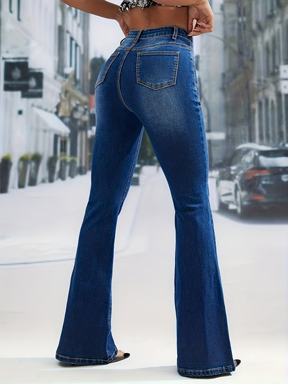 xieyinshe Single-breasted High Rise Flare Leg Jeans, Washed Slash Pocket Elegant Bell Bottom Denim Pants, Women's Denim Jeans & Clothing