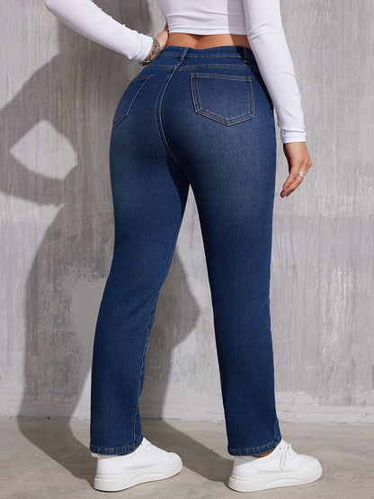 xieyinshe  Plush Liner Casual Straight Jeans, Slant Pockets Versatile Denim Pants, Women's Denim Jeans & Clothing