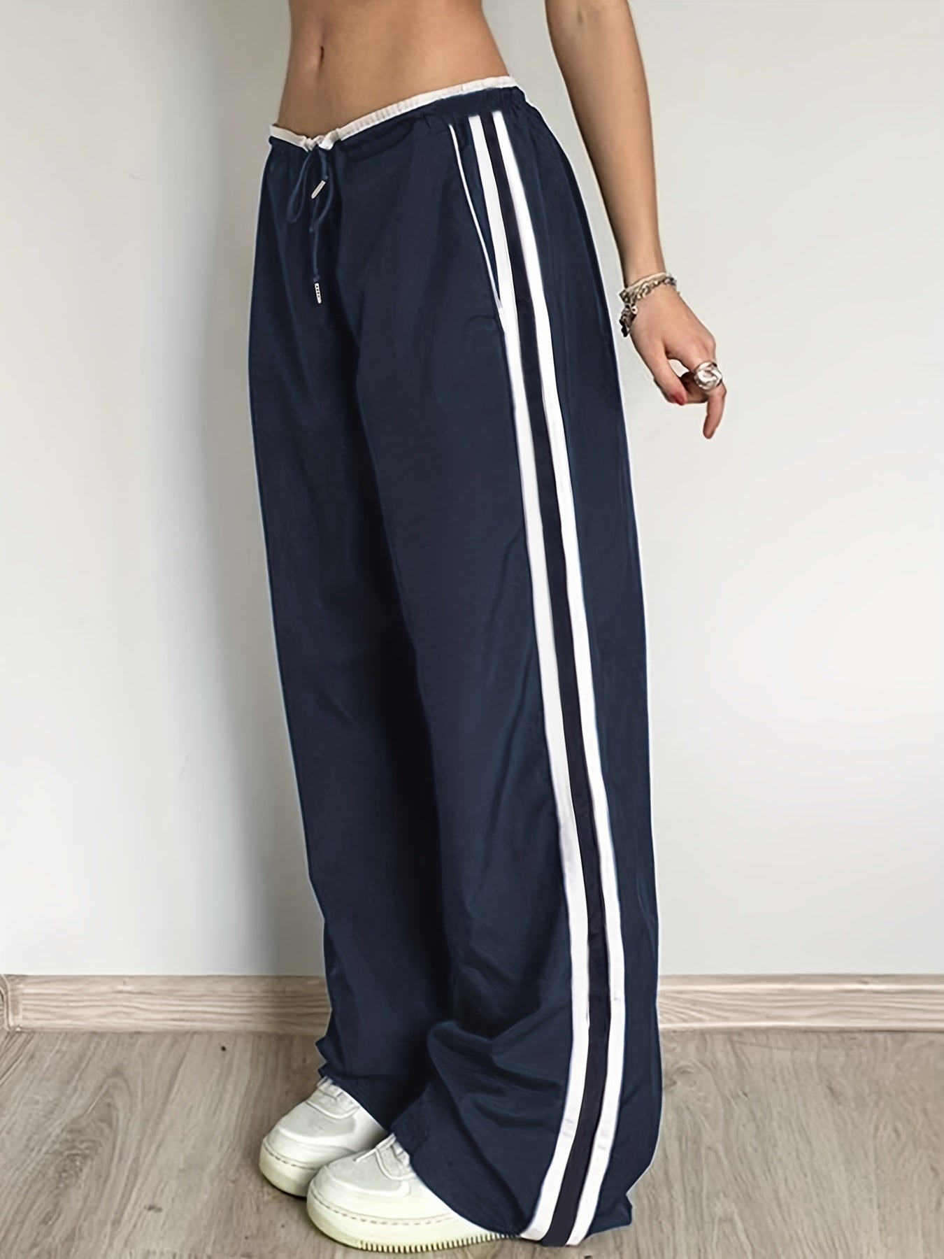 xieyinshe  Side Striped Wide Leg Pants, Casual Loose Drawstring Pants, Women's Clothing