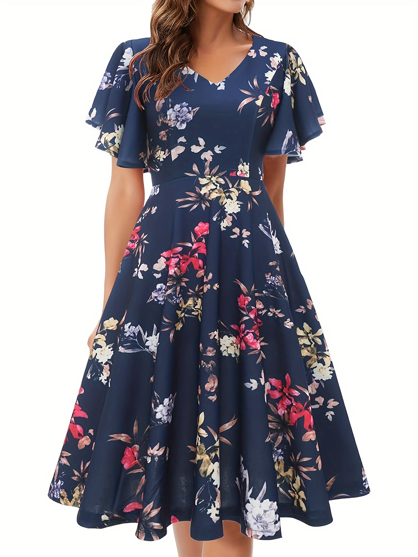 xieyinshe Floral Print Flutter Sleeve Dress, Casual V-neck Dress For Spring & Summer, Women's Clothing