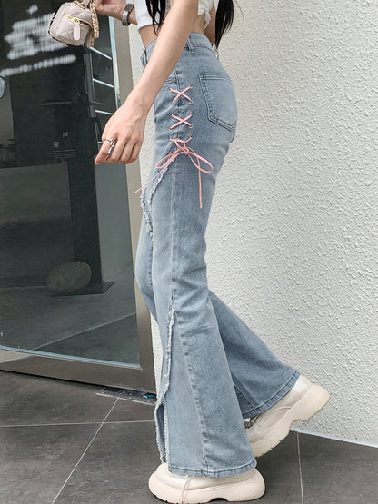 xieyinshe  Tie Side High Waist Flared Jeans, Split Front Raw Trim Washed Bell Bottom Denim Pants, Women's Denim Jeans & Clothing