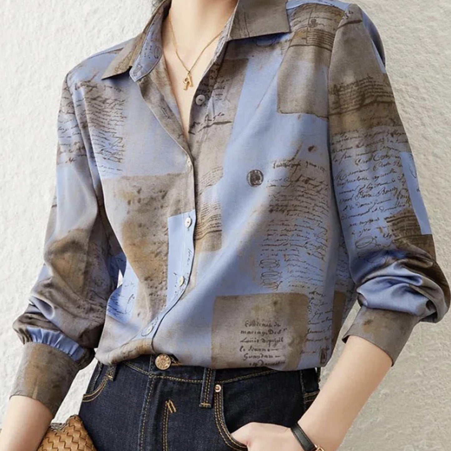 Vintage Letter Print Shirt, Single Button Long Sleeve Shirt For Spring & Fall, Women's Clothing