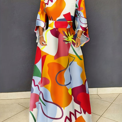 Plus Size Casual Dress, Women's Plus Colorblock Graffiti Print Bell Sleeve Round Neck Slight Stretch Maxi Dress With Pockets