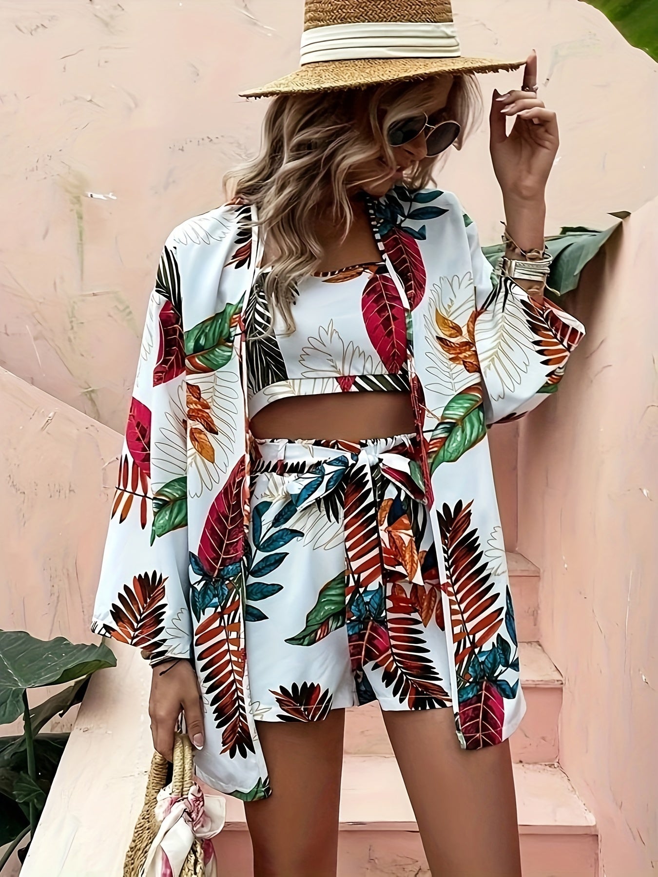 xieyinshe  Tropical Print Three-piece Set, Vacation Crop Cami Top & Belted Shorts & Open Front Coverup Outfits, Women's Clothing