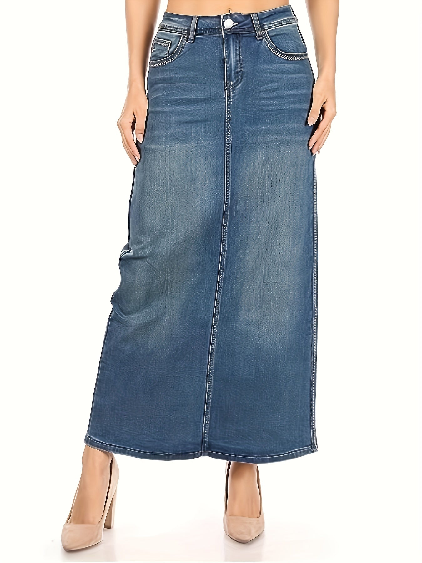 Blue High Stretch Denim Midi Skirt, Slant Pockets High Waist Casual Denim Skirt, Women's Denim Clothing