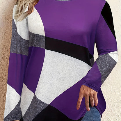 Plus Size Colorblock Long Sleeve T-shirt, Women's Plus Casual Round Neck Medium Stretch Tee