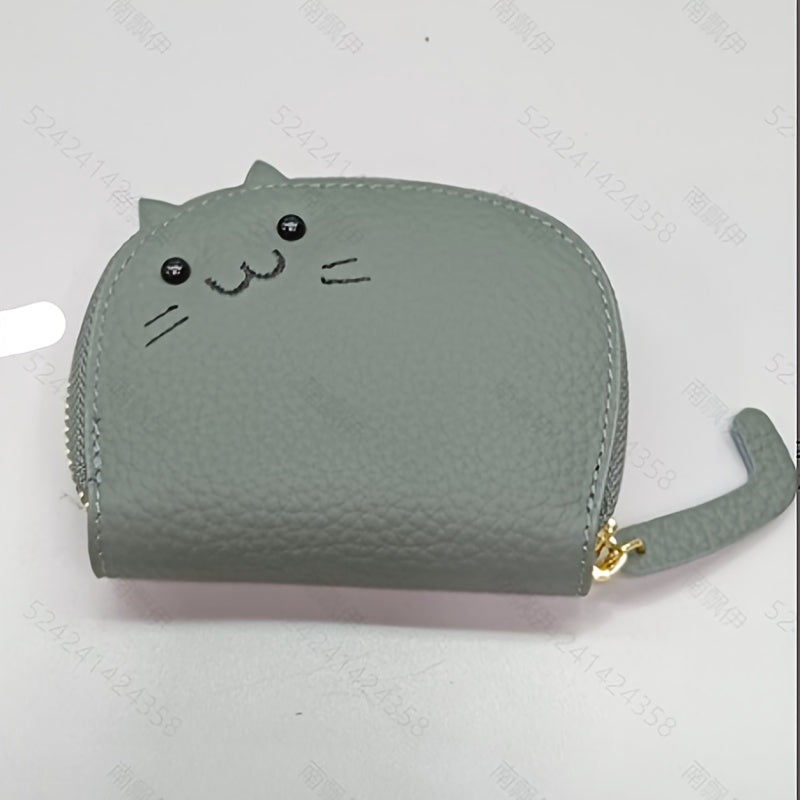 Compact & Chic Genuine Leather Cat-Design Wallet - Secure Zipper, Polyester Lined Coin Purse, and Sleek Card Holder