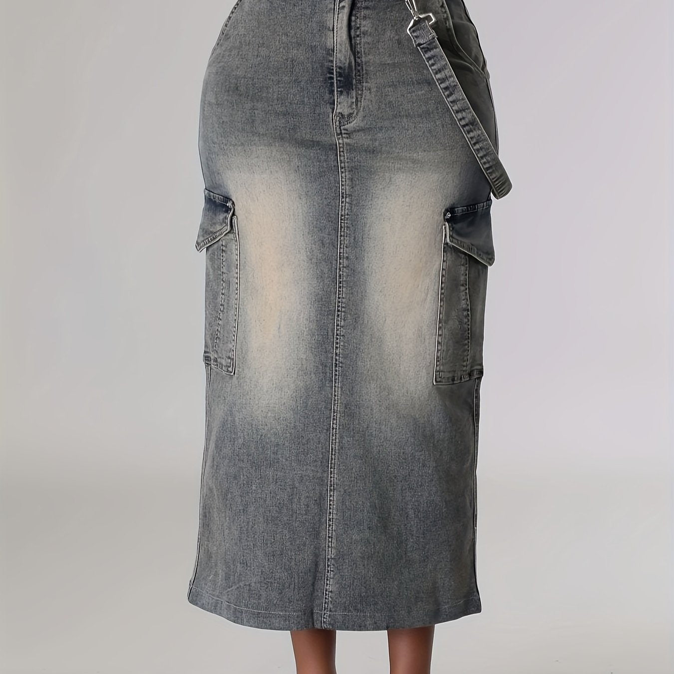 xieyinshe Side Flap Pocket Vintage Washed Midi Denim Skirt, Medium Stretch Strappy Elegant Denim Skirt, Women's Denim Jeans & Clothing