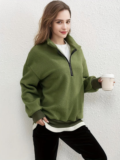 Solid Zipper Fuzzy Pullover Sweatshirt, Casual Long Sleeve Stand Collar Sweatshirt For Fall & Winter, Women's Clothing