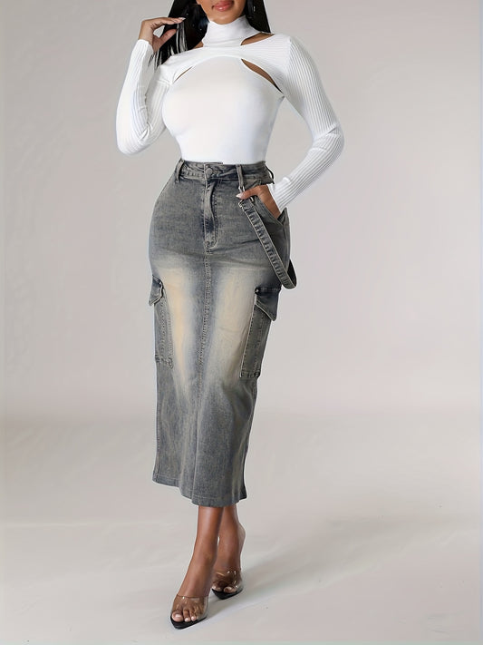 xieyinshe Side Flap Pocket Vintage Washed Midi Denim Skirt, Medium Stretch Strappy Elegant Denim Skirt, Women's Denim Jeans & Clothing
