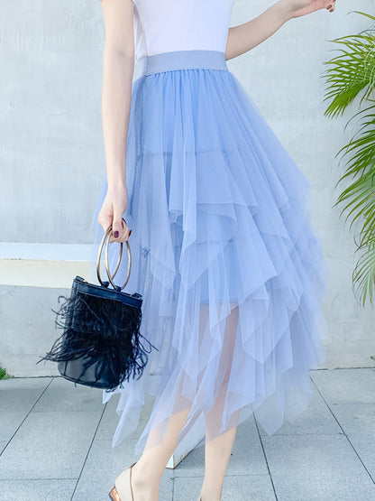 xieyinshe  Teen Girl Asymmetrical Tulle Long Skirt, Elastic High Waist Skirts For Elegant Outfit