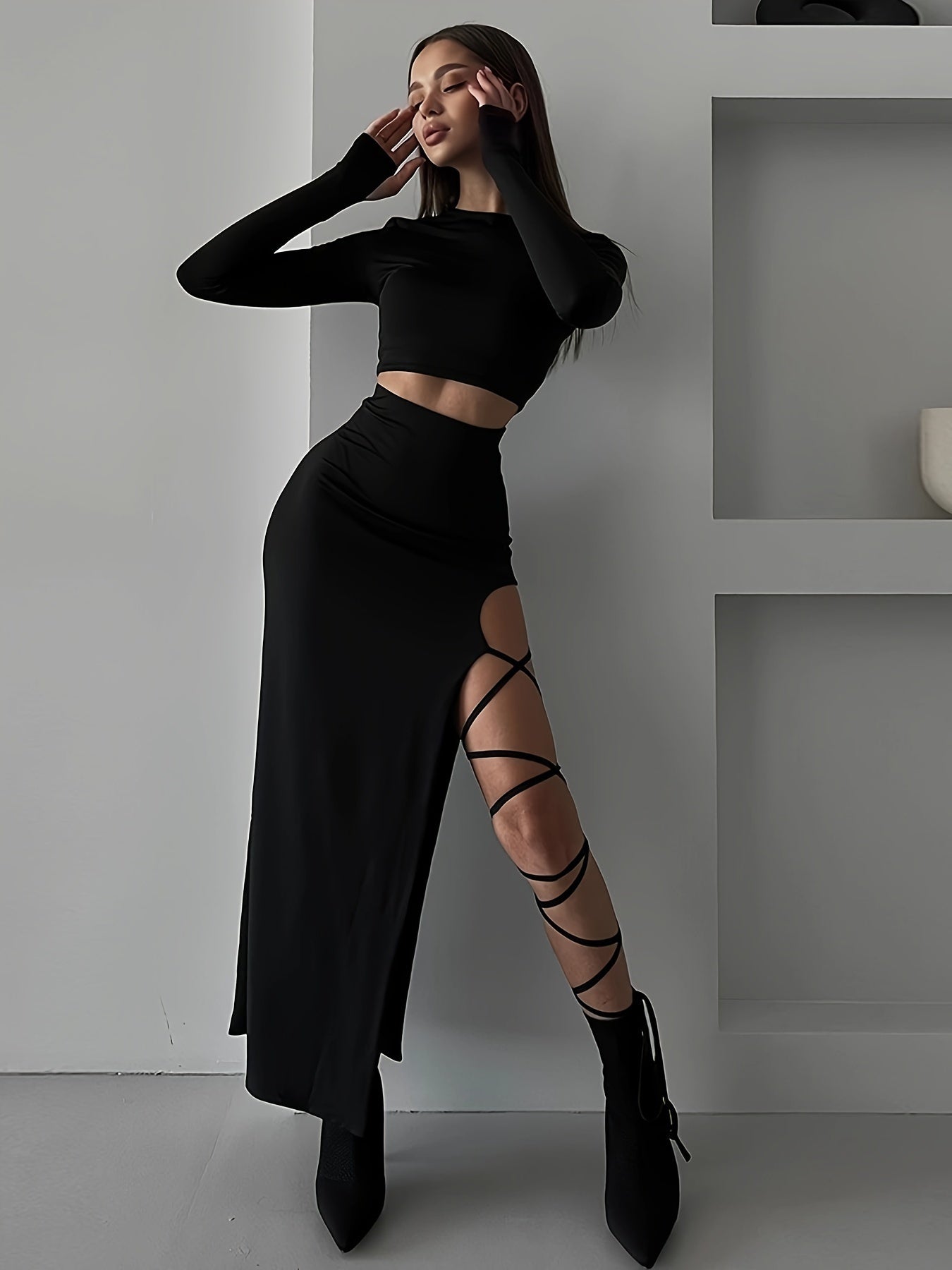 xieyinshe  Y2K Solid Slim Two-piece Skirt Set, Long Sleeve Crew Neck Crop Top & Split Thigh Cut Out Skirt Outfits, Women's Clothing