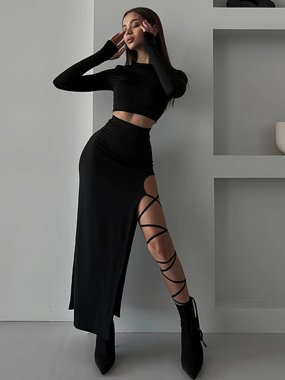 xieyinshe  Y2K Solid Slim Two-piece Skirt Set, Long Sleeve Crew Neck Crop Top & Split Thigh Cut Out Skirt Outfits, Women's Clothing