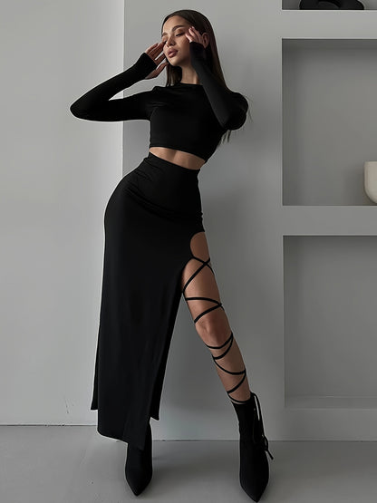 xieyinshe Y2K Solid Slim Two-piece Skirt Set, Long Sleeve Crew Neck Crop Top & Split Thigh Cut Out Skirt Outfits, Women's Clothing