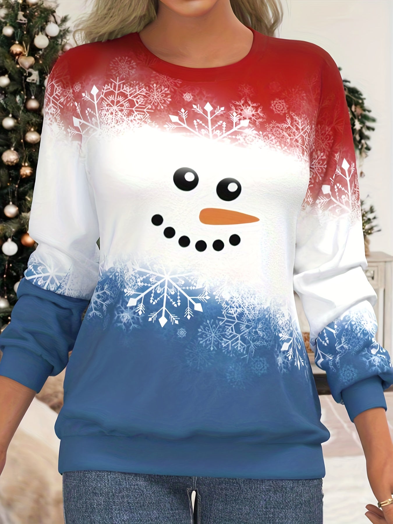 xieyinshe  Christmas Snowman Print Sweatshirt, Casual Long Sleeve Crew Neck Sweatshirt, Women's Clothing