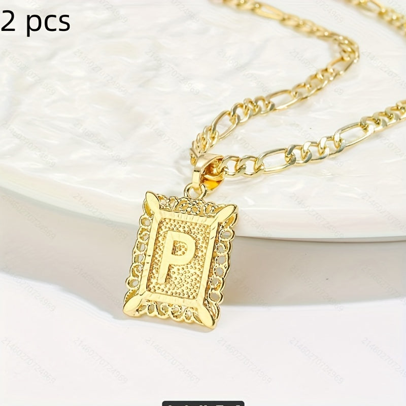 2 pcs Personalized Initial Letter Pendant Necklace - 18K Gold Plated Square Capital Monogram in Figaro Chain - Fashionable Alloy Necklace for Men and Women with A-Z Alphabet Options