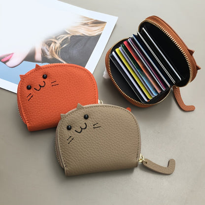 Compact & Chic Genuine Leather Cat-Design Wallet - Secure Zipper, Polyester Lined Coin Purse, and Sleek Card Holder