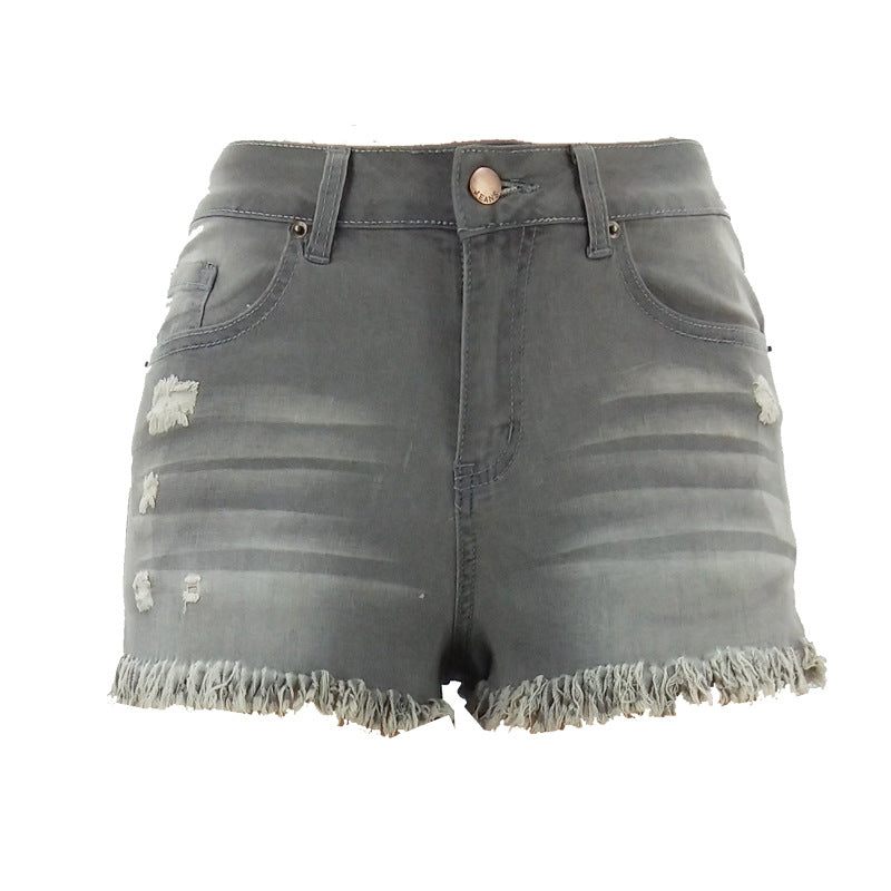 New  New Hot Trade Spring and Summer European and American Ripped Stretch Denim Women's Wear High Waist Shorts Wholesale