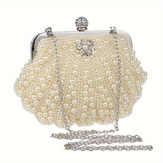 Beaded Shell Design Evening Bag - Exquisite Faux Pearl Embellished Clutch Purse with Delicate Beading, Stylish Womens Formal Dress Handbag for Special Occasions - Ideal for Glamorous Wedding Parties, Prom Nights, and Black-Tie Banquets, Perfect Accessory