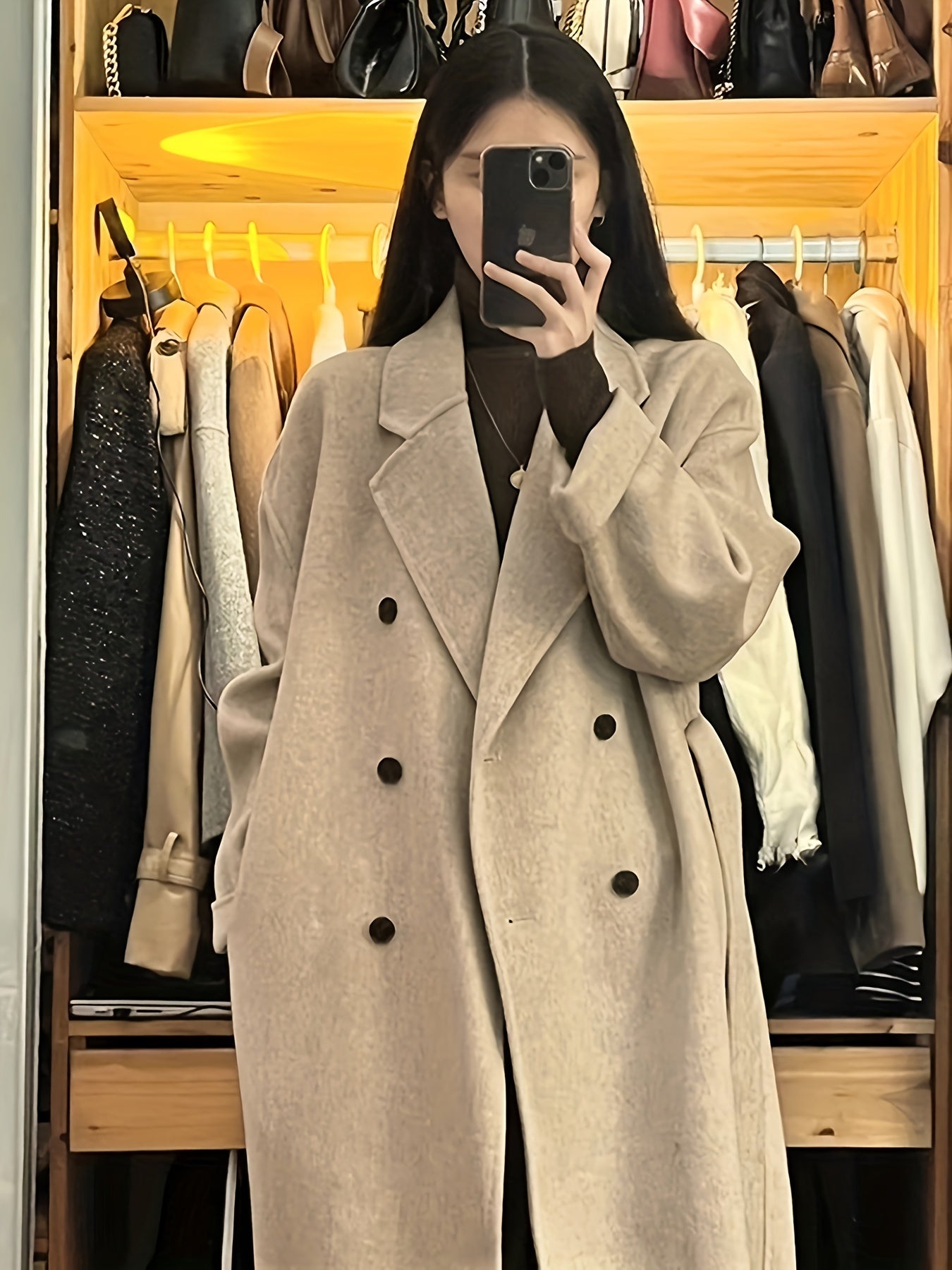 xieyinshe  Solid Double Breasted Belted Overcoat, Elegant Lapel Long Sleeve Pockets Outwear For Fall & Winter, Women's Clothing