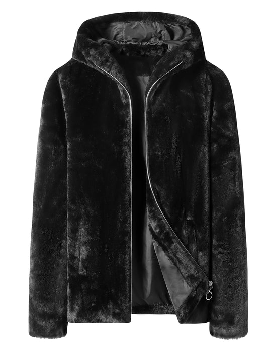 Solid Faux Fur Hooded Teddy Coat, Casual Long Sleeve Zip Up Thermal Coat For Fall & Winter, Women's Clothing