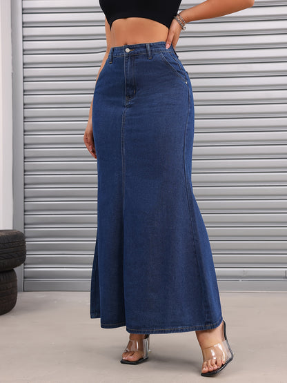 xieyinshe  Slant Pockets Casual Denim Maxi Skirt, Non-Stretch Versatile Denim Skirt, Women's Denim Clothing