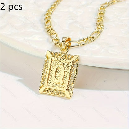 2 pcs Personalized Initial Letter Pendant Necklace - 18K Gold Plated Square Capital Monogram in Figaro Chain - Fashionable Alloy Necklace for Men and Women with A-Z Alphabet Options