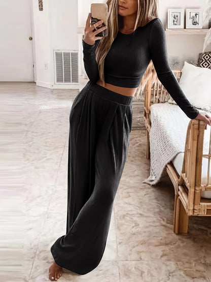 Solid Casual Two-piece Set, Crew Neck Long Sleeve Tops & High Waist Wide Leg Pants Outfits, Women's Clothing