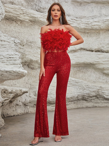 xieyinshe  Casual Pantsuits Two-piece Set, Solid Color Feather Tops & Fashion Pocket Pants Set, Women's Clothing