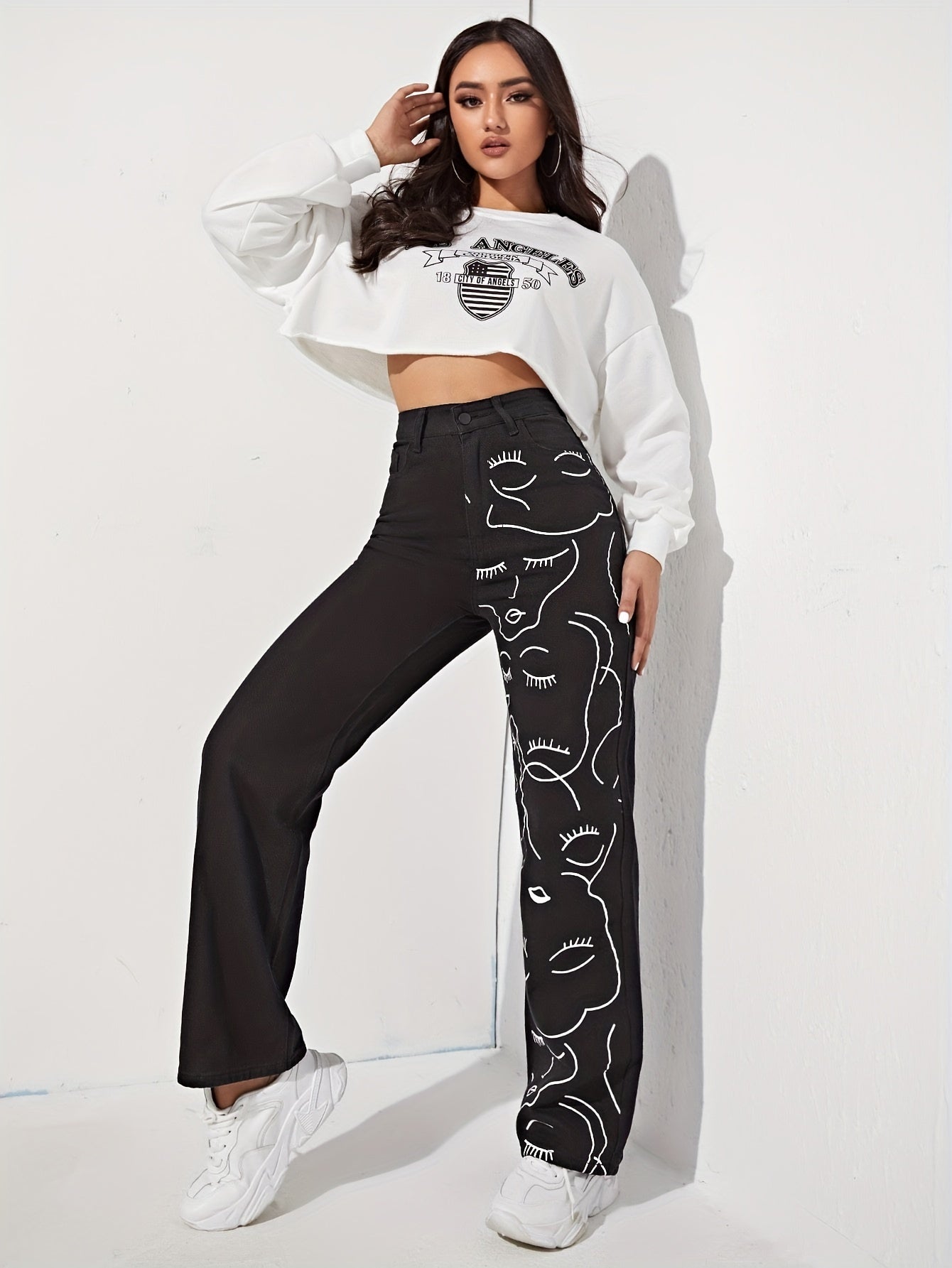 xieyinshe Abstract Face Print High Rise Denim Pants, Black Slash Pocket Street Style Unique Straight Denim Pants, Women's Denim Jeans & Clothing