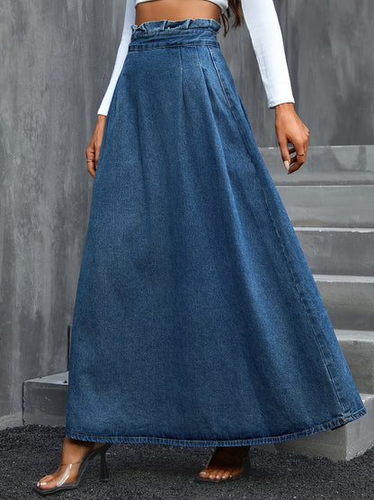 xieyinshe Blue Paperbag Waist Denim Maxi Skirt, Non-Stretch Elegant Denim Skirt, Women's Denim Clothing