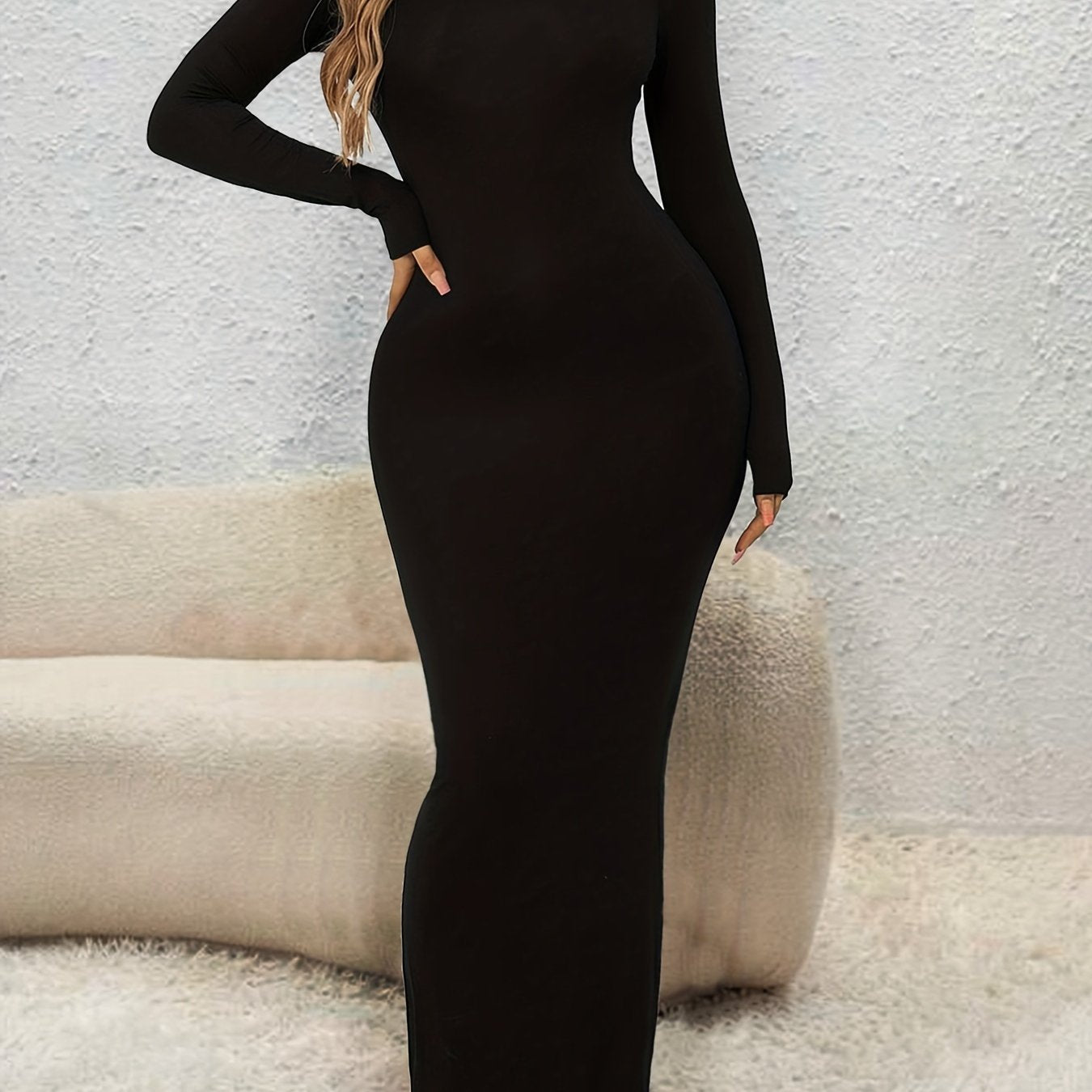 Simple Solid Lounge Dresses, Long Sleeve Crew Neck Slim Fit Home Dress, Women's Loungewear & Dresses