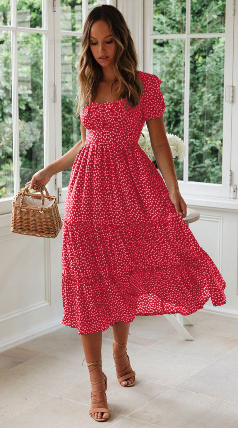 2019 European and American New  Wish  Hot Square Collar Puff Sleeve Floral Dress Long Dress