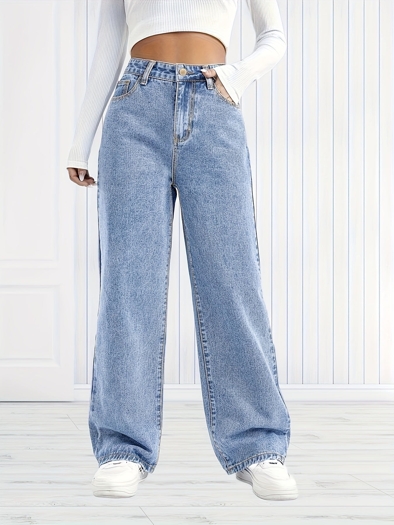 xieyinshe  Plain Washed Blue Wide Leg Jeans, Casual Slash Pocket Loose Fit Denim Pants, Women's Denim Jeans & Clothing