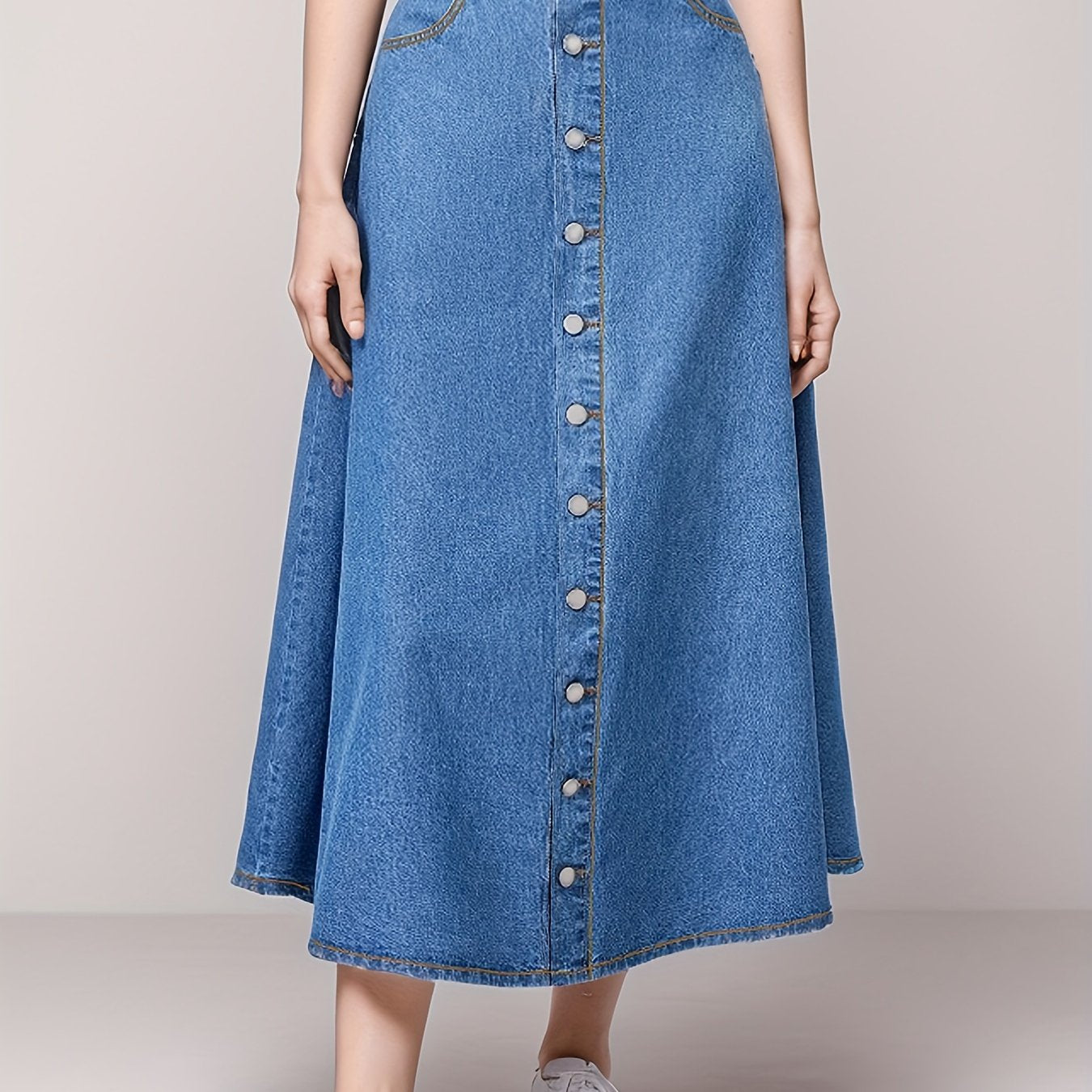 xieyinshe Single Breasted Button Casual Denim Midi Skirt, A-Line Slant Pockets High Waist Denim Skirt, Women's Denim Clothing