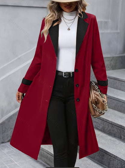 xieyinshe Button Front Color Block Trench Coat, Casual Long Sleeve Mid Length Outerwear, Women's Clothing