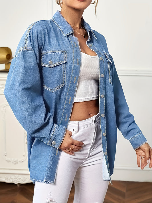 Blue Long Sleeves Denim Coats, Single-Breasted Button Flap Pockets Loose Fit Lapel Denim Jackets, Women's Denim Clothing