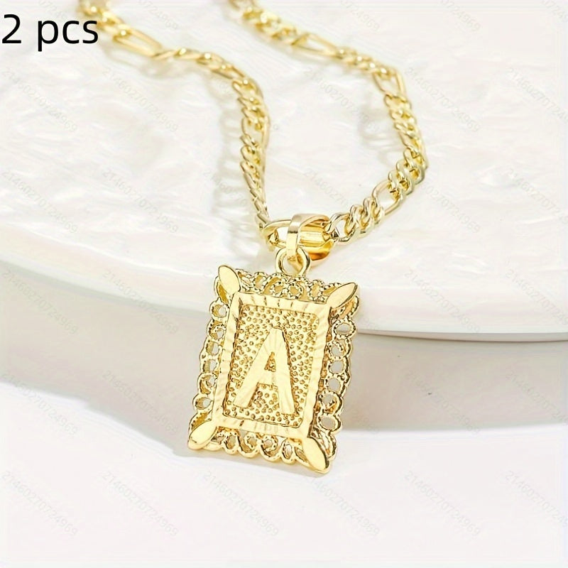 2 pcs Personalized Initial Letter Pendant Necklace - 18K Gold Plated Square Capital Monogram in Figaro Chain - Fashionable Alloy Necklace for Men and Women with A-Z Alphabet Options