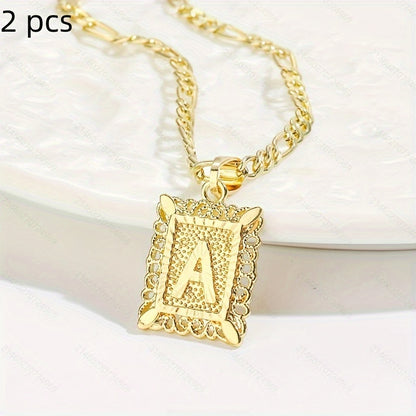 2 pcs Personalized Initial Letter Pendant Necklace - 18K Gold Plated Square Capital Monogram in Figaro Chain - Fashionable Alloy Necklace for Men and Women with A-Z Alphabet Options